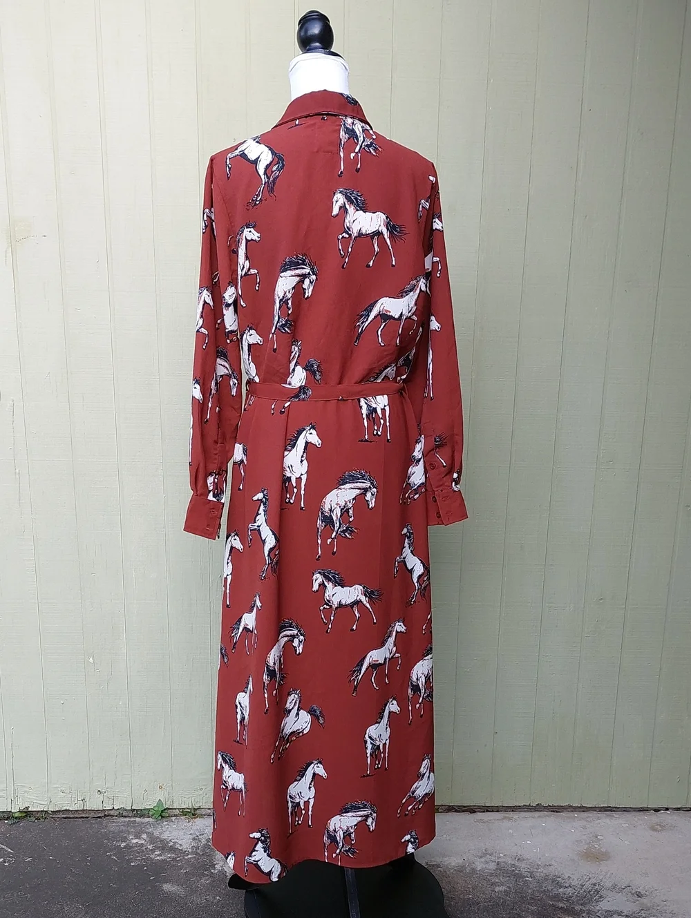 Cotton & Rye Brown White Horse Print Waist Tie Midi Dress Sz L